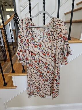 Democracy Floral Midi Dress in Cream with Red & Yellow Accents